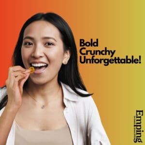 Smiling woman enjoys Emping Melinjo Chips – Harvest Eatery & Emping So Good with “Bold Crunchy Unforgettable!” text. | Emping SG