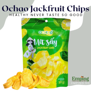 Bag of Ochao Jackfruit Chips with green branding, cartoon character, and scattered dried fruit chips in front. Product by Emping Healthy Crunch. | Emping SG