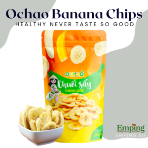 A bag of Ocha'o Banana Chips with Vietnamese text "Chuối sấy", alongside a bowl filled with delectable dried fruit chips. Brand: Emping. | Emping SG
