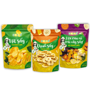 Three vibrant packages of Dried Fruit Chips by OChao showcase delicious jackfruit chips, banana chips, and a mixed fruit variety. | Emping SG