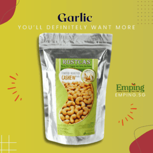 Halal-certified garlic-coated roasted cashew nuts showcased on a yellow background with red accents and promotional text. | Emping SG