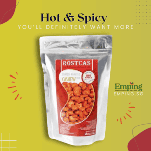 A package of gourmet hot and spicy roasted cashew nuts on a yellow background with promotional text. | Emping SG