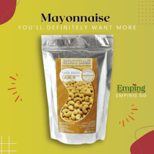 Silver pouch of halal-certified roasted cashew nuts. Yellow background with text: "Mayonnaise" and "You'll definitely want more. | Emping SG