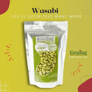 Bag of Rostcas wasabi-coated, Halal-certified roasted cashew nuts on a yellow background with decorative elements and the Emping logo. | Emping SG