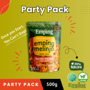A 500g pack of Emping So Good Belinjo Crisps labelled "Manis Pedas" with vegan, halal, and 100% natural icons. | Emping SG