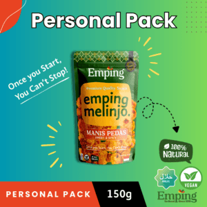 A green Emping Melinjo snack pack from Harvest Eatery on a colourful background, labelled 100% Natural, Vegan, Halal. | Emping SG