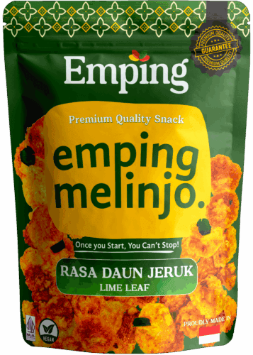 A green and yellow snack package labeled "emping melinjo" with lime leaf flavor, featuring images of the snack. | Emping SG