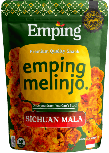 A green and yellow Emping emping melinjo Sichuan mala snack bag with crispy chips and various product labels. | Emping SG