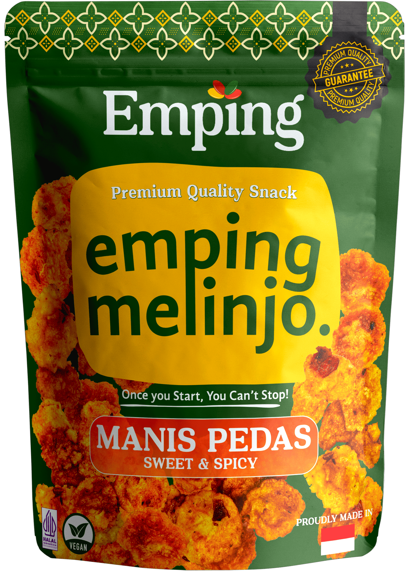 A green and yellow snack bag labeled "Emping Melinjo" with "Manis Pedas Sweet & Spicy" at the bottom. | Emping SG