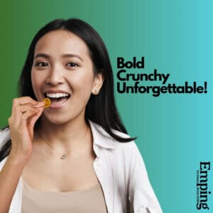 Smiling woman eats Emping So Good Szechuan Mala Crisps with "Bold Crunchy Unforgettable!" on a blue-green background. | Emping SG