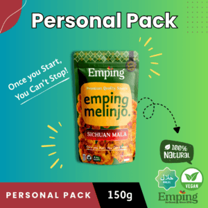 A 150g pack of Emping Melinjo Szechuan Mala crisps with vegan, halal, and 100% natural labels on a colourful background. | Emping SG
