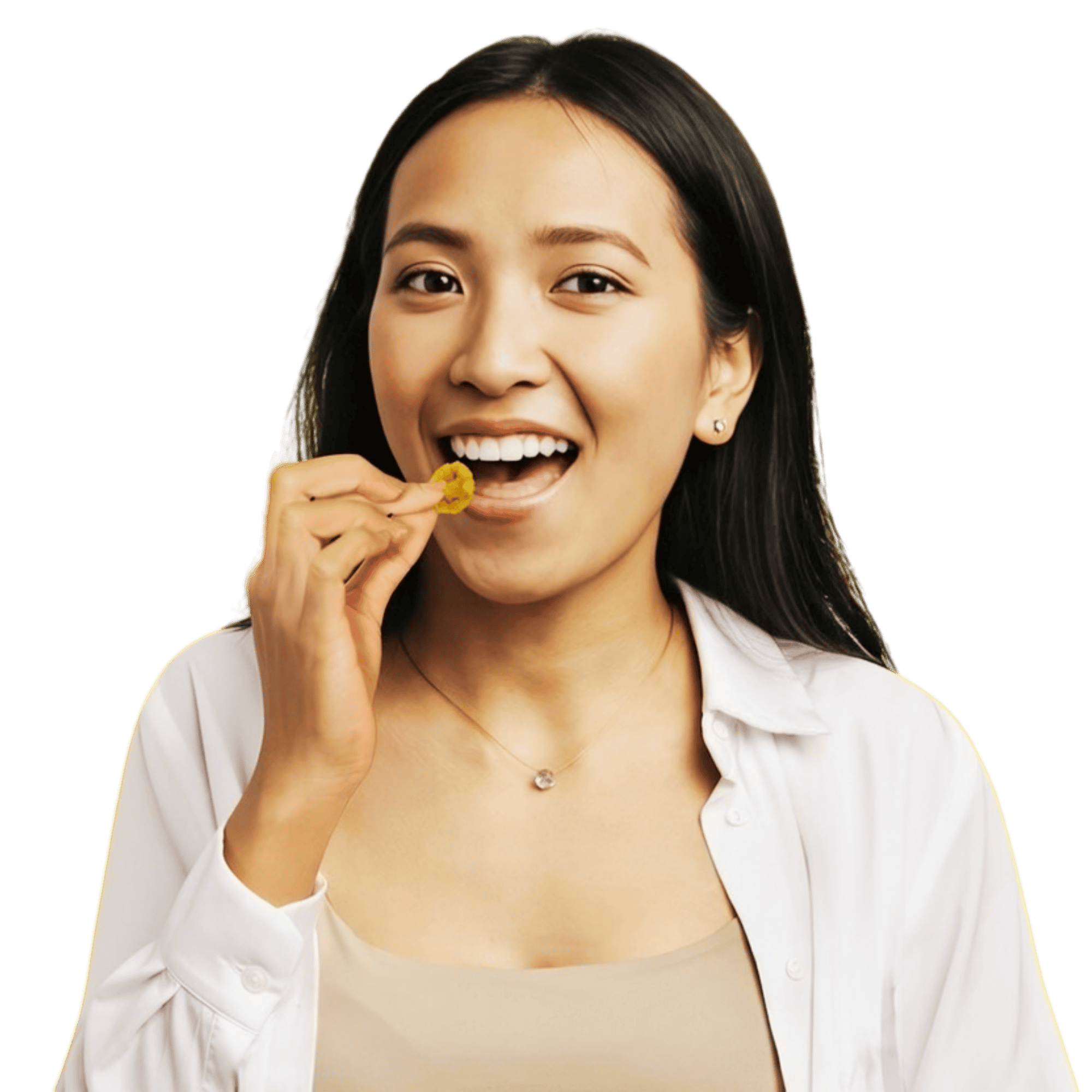 Woman smiling and eating a biscuit, wearing a white shirt, against a plain white background. | Emping SG