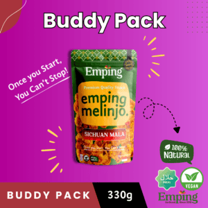 Emping Melinjo Szechuan Mala snack pack, 330g, halal, vegan, 100% natural Belinjo Crisps on a purple background. | Emping SG