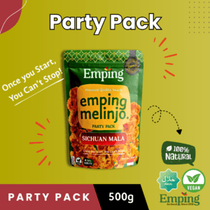 A 500g bag of Emping Melinjo Belinjo Crisps, Szechuan Mala flavour, labelled vegan, halal, "Party Pack," and "100% natural. | Emping SG