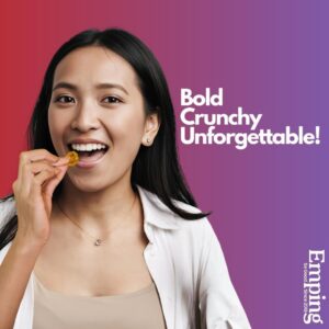 Woman smiling, enjoying Emping Melinjo Crisps (Lime Leaf) by Emping So Good—“Bold Crunchy Unforgettable!” backdrop. | Emping SG