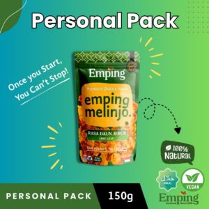 A 150g pack of Emping Melinjo Crisps (Lime Leaf) by Emping So Good 🇮🇩 on a green gradient background. | Emping SG