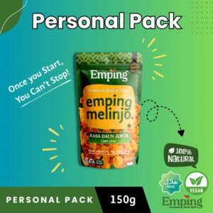 A 150g pack of Emping So Good Emping Melinjo Crisps (Lime Leaf), vegan, halal, natural, on a green background. | Emping SG