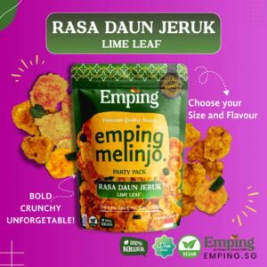 Emping So Good Emping Melinjo Crisps (Lime Leaf), Indonesian snack, on a purple background with crisps scattered around. | Emping SG