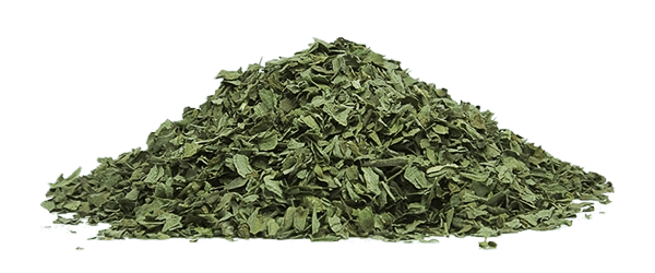 A pile of dried, green basil leaves on a white background. | Emping SG