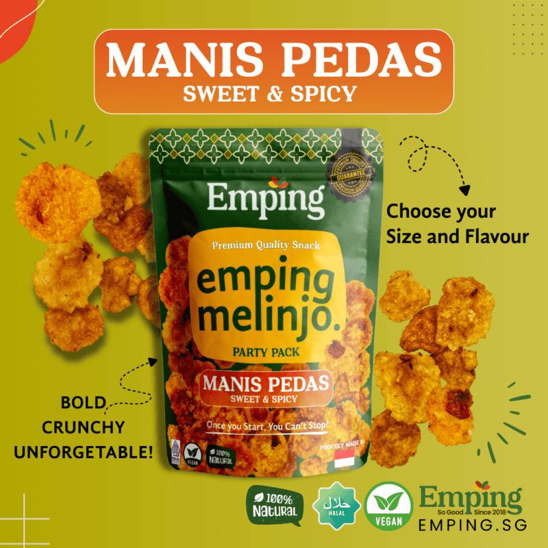 A bag of Emping So Good Emping Melinjo/Belinjo Crisps with spicy crackers on yellow. | Emping SG
