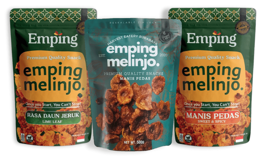 Three bags of Harvest Eatery & Emping SG Emping Melinjo snacks in different flavors: Lime Leaf, Manis Pedas, and Sweet & Spicy. | Emping SG