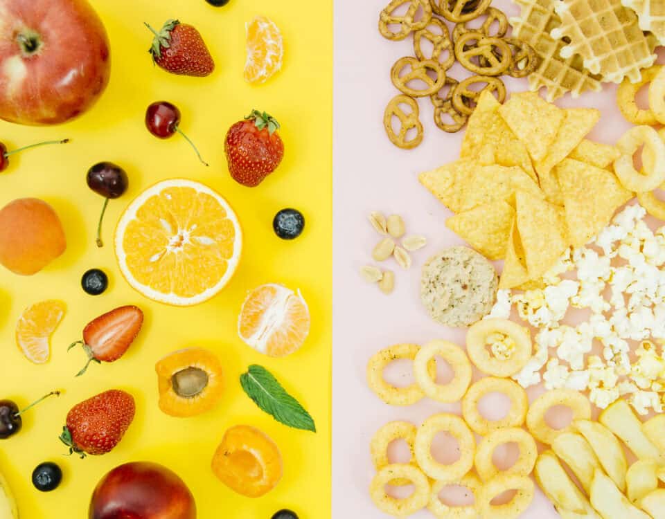 Left: fresh fruits on yellow—fruits as a snack; right: assorted healthy snacks like chips, popcorn, and pretzels on pink. | Emping SG