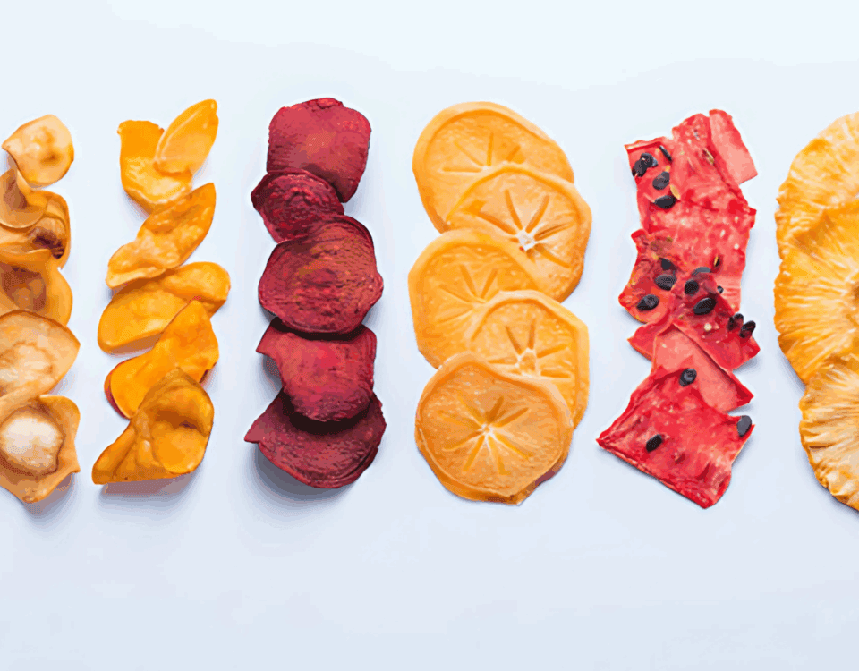 Rows of assorted dried fruits, a healthy snack packed with fiber, including tomato, apple, mango, and more on a white background. | Emping SG