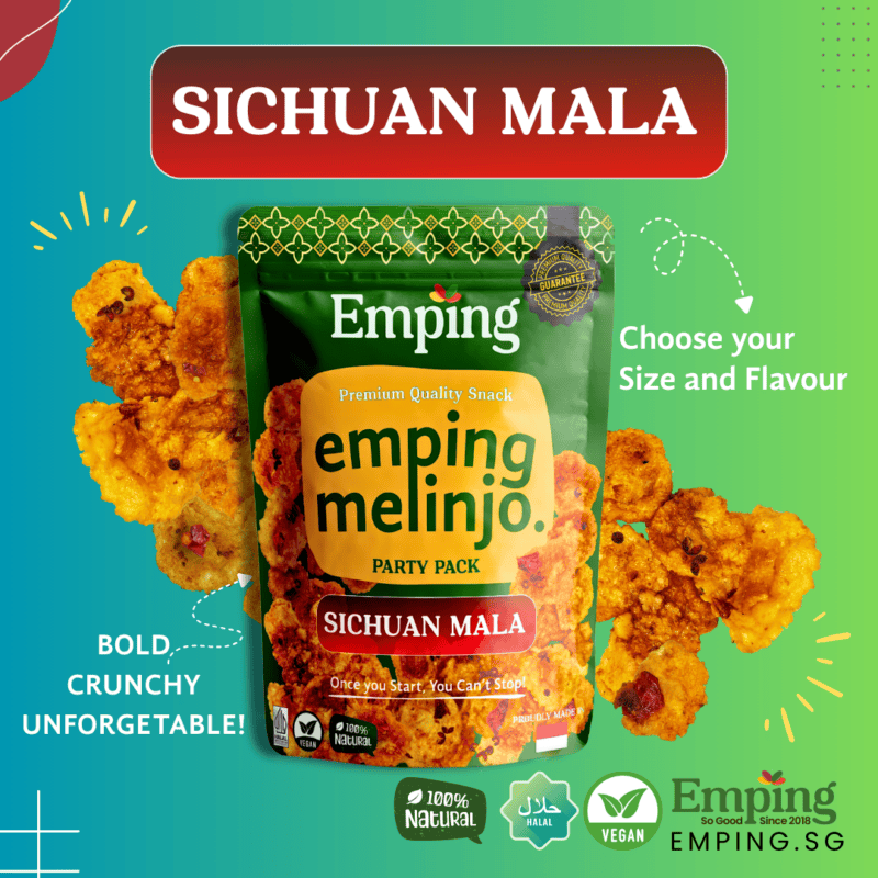 A bag of Emping Melinjo/Belinjo Crisps (Szechuan Mala) - Emping So Good on red with scattered crisps, vegan, halal labels. | Emping SG